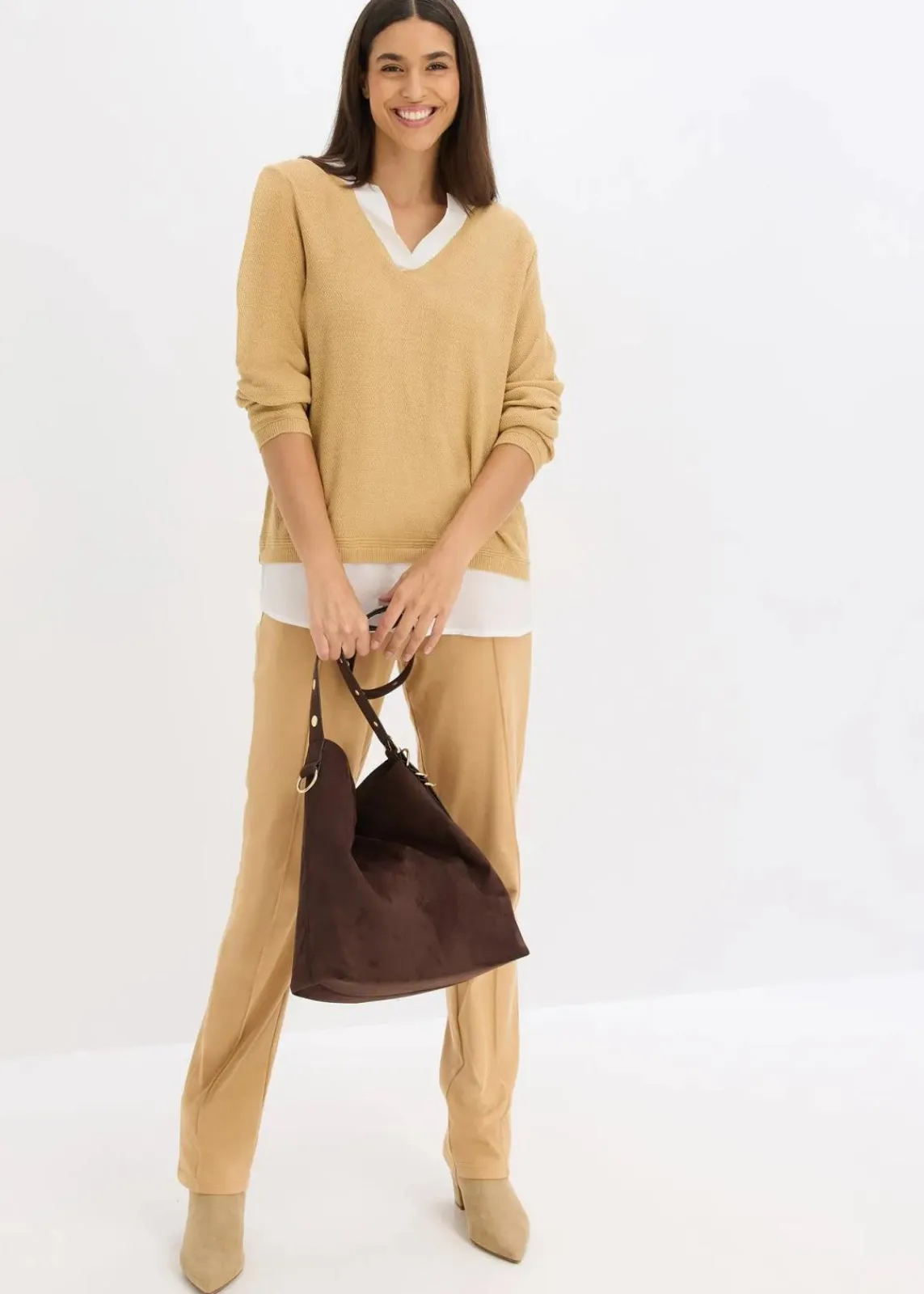 bonprix Bekleidung·Umstandsmode|Strickmode^Feinstrickpullover mit Bluseneinsatz cappuccino