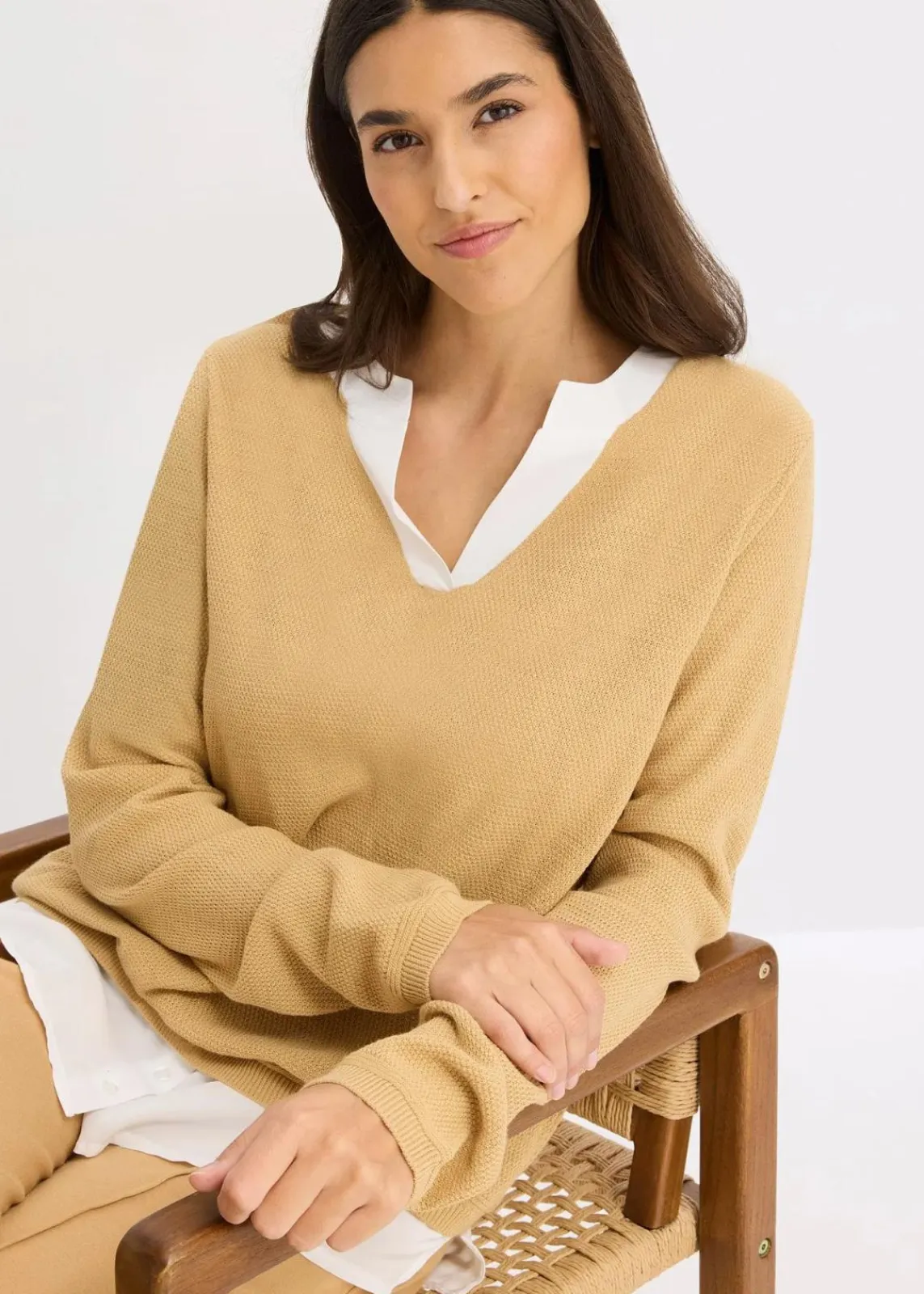 bonprix Bekleidung·Umstandsmode|Strickmode^Feinstrickpullover mit Bluseneinsatz cappuccino