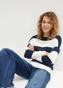 bonprix Pullover & Strickjacken|Bekleidung·Jeans^Feinstrickpullover mit Blockstreifen dunkelblau/wollweiß gestreift