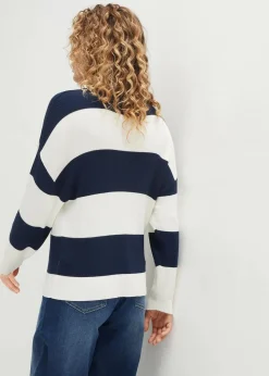 bonprix Pullover & Strickjacken|Bekleidung·Jeans^Feinstrickpullover mit Blockstreifen dunkelblau/wollweiß gestreift