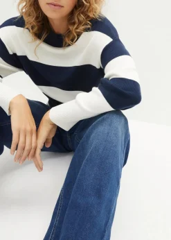 bonprix Pullover & Strickjacken|Bekleidung·Jeans^Feinstrickpullover mit Blockstreifen dunkelblau/wollweiß gestreift