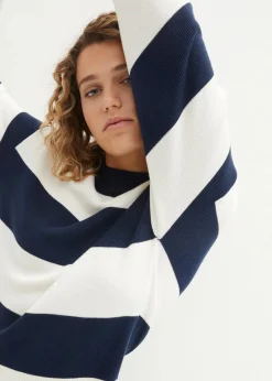 bonprix Pullover & Strickjacken|Bekleidung·Jeans^Feinstrickpullover mit Blockstreifen dunkelblau/wollweiß gestreift