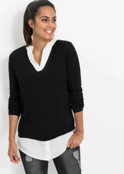 bonprix Bekleidung·Umstandsmode|Strickmode^Feinstrickpullover mit Bluseneinsatz schwarz