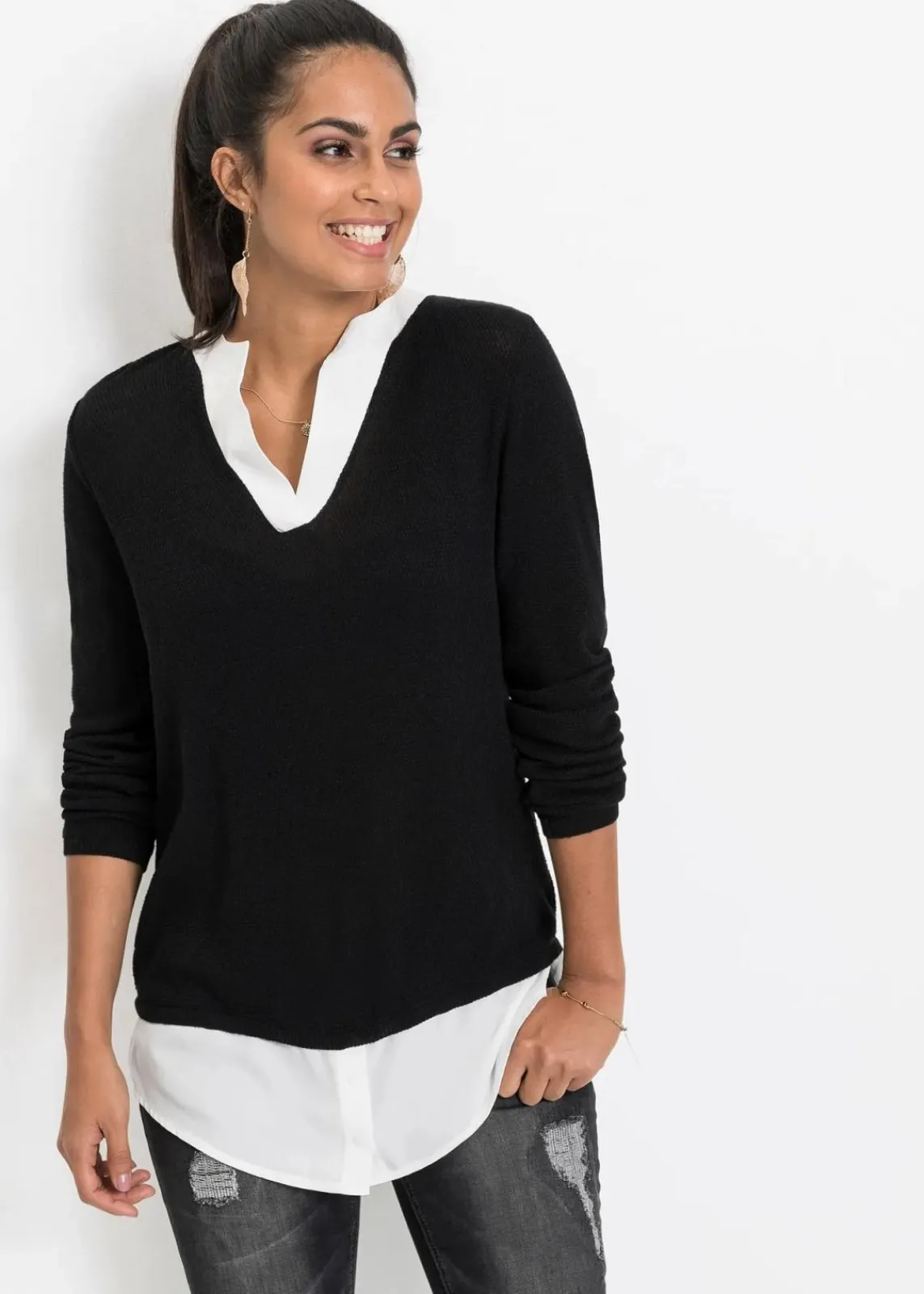 bonprix Bekleidung·Umstandsmode|Strickmode^Feinstrickpullover mit Bluseneinsatz schwarz