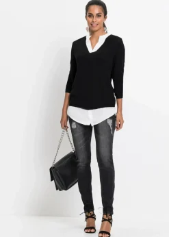 bonprix Bekleidung·Umstandsmode|Strickmode^Feinstrickpullover mit Bluseneinsatz schwarz