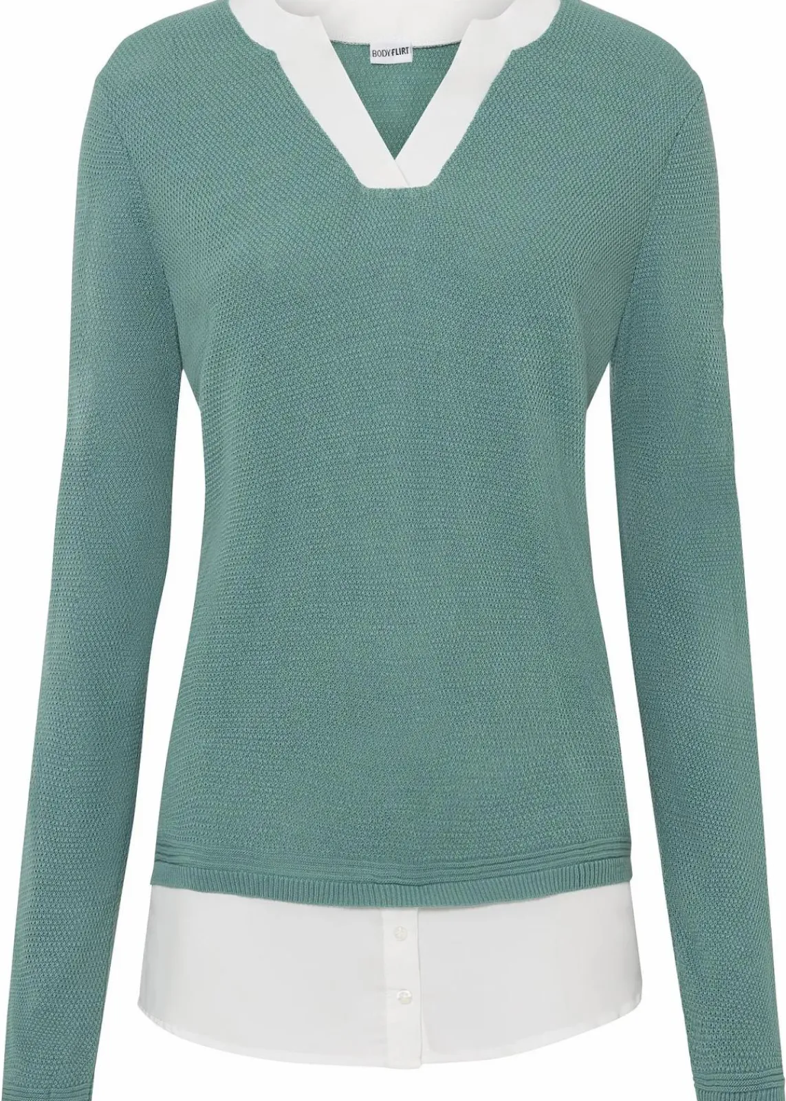 bonprix Pullover & Strickjacken|Bekleidung·Jeans^Feinstrickpullover mit Bluseneinsatz rauchsalbei