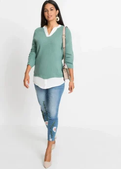 bonprix Pullover & Strickjacken|Bekleidung·Jeans^Feinstrickpullover mit Bluseneinsatz rauchsalbei