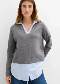 bonprix Strickmode|Nachhaltigere Materialien^Feinstrickpullover mit Bluseneinsatz grau meliert