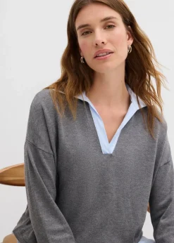 bonprix Strickmode|Nachhaltigere Materialien^Feinstrickpullover mit Bluseneinsatz grau meliert