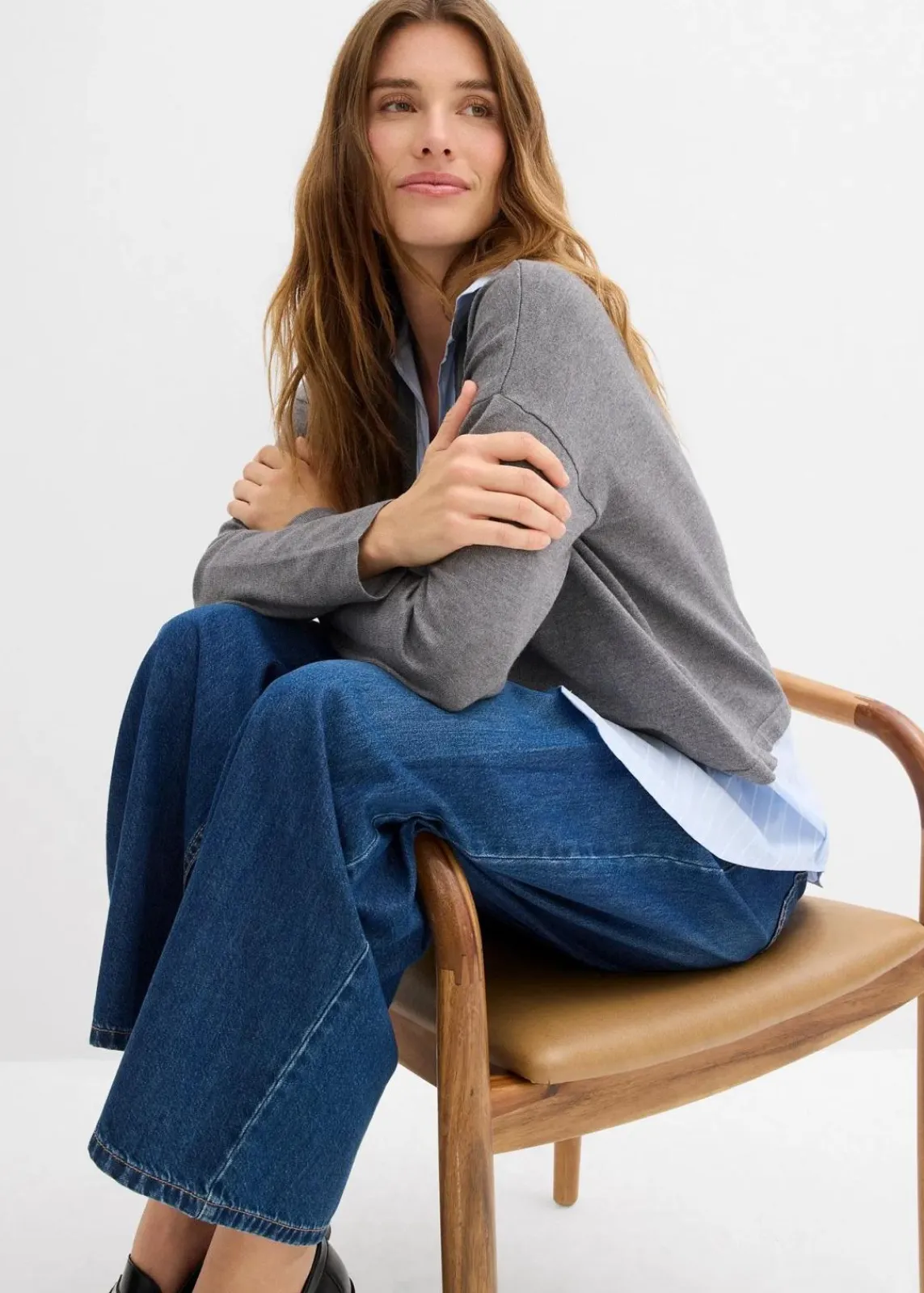 bonprix Strickmode|Nachhaltigere Materialien^Feinstrickpullover mit Bluseneinsatz grau meliert