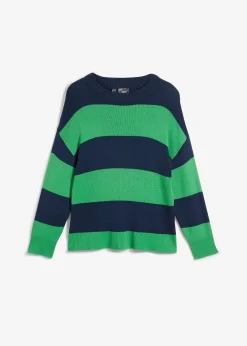 bonprix Pullover & Strickjacken|Bekleidung·Jeans^Feinstrickpullover mit Blockstreifen grasgrün/dunkelblau gestreift