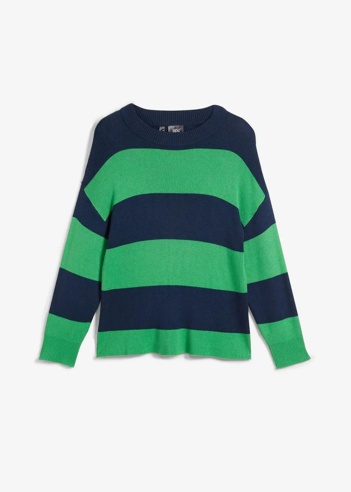 bonprix Pullover & Strickjacken|Bekleidung·Jeans^Feinstrickpullover mit Blockstreifen grasgrün/dunkelblau gestreift