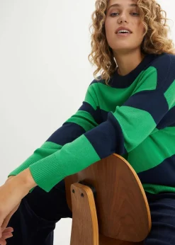 bonprix Pullover & Strickjacken|Bekleidung·Jeans^Feinstrickpullover mit Blockstreifen grasgrün/dunkelblau gestreift