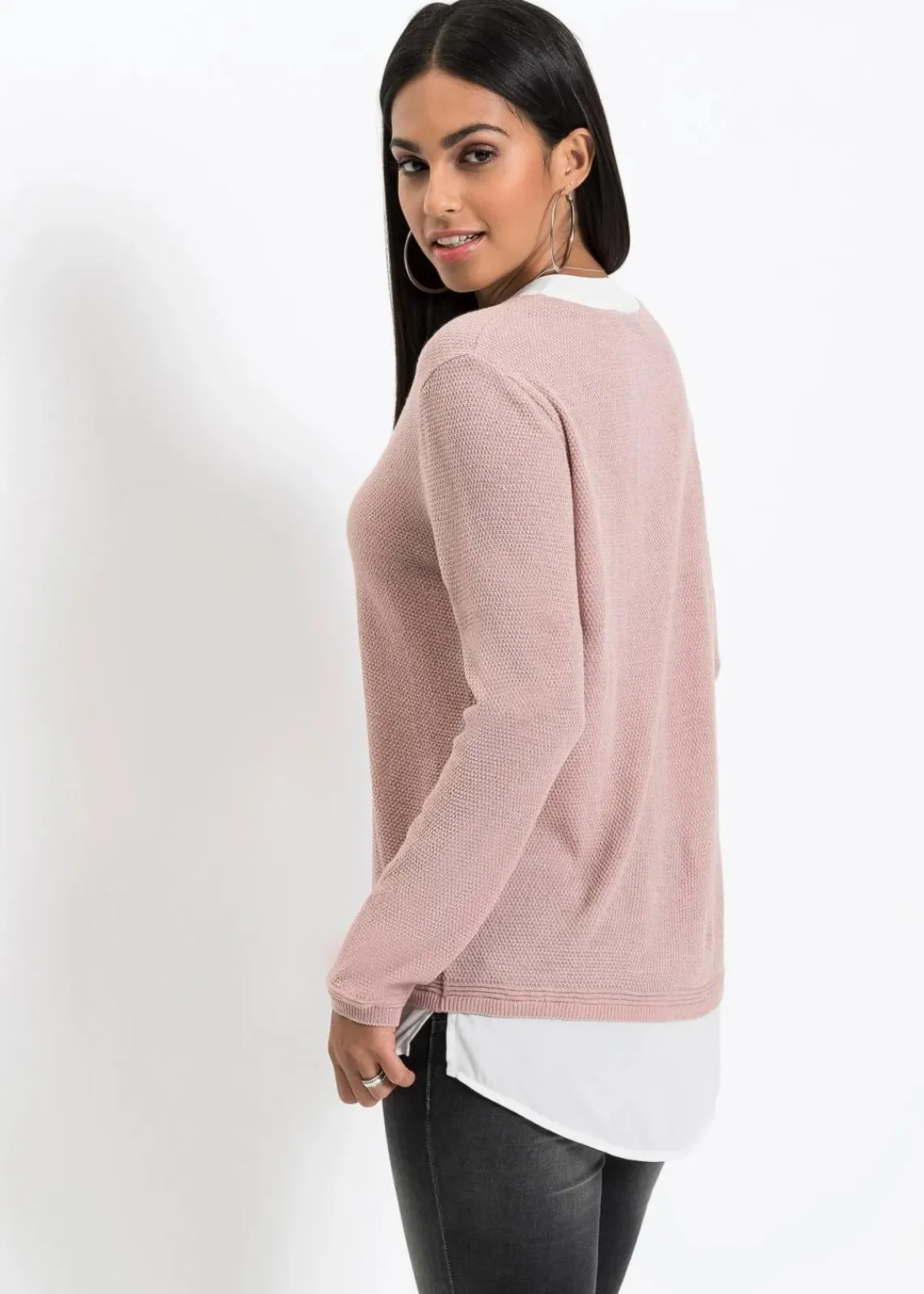 bonprix Pullover & Strickjacken|Bekleidung·Jeans^Feinstrickpullover mit Bluseneinsatz rosa