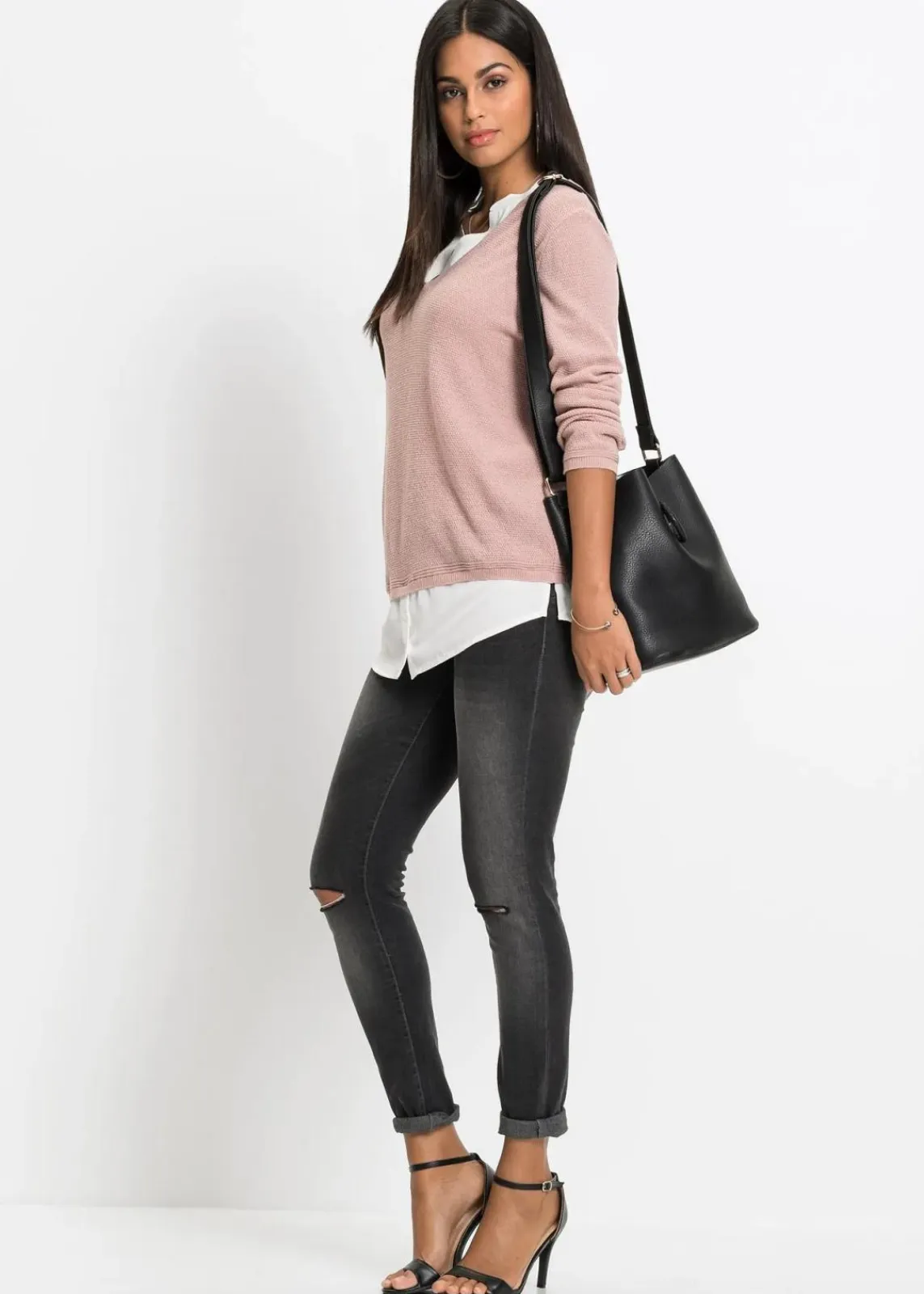 bonprix Pullover & Strickjacken|Bekleidung·Jeans^Feinstrickpullover mit Bluseneinsatz rosa