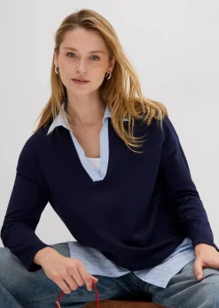 bonprix Bekleidung·Umstandsmode|Bekleidung·Jeans^Feinstrickpullover mit Bluseneinsatz dunkelblau
