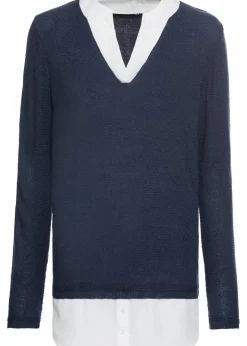 bonprix Pullover & Strickjacken|Bekleidung·Jeans^Feinstrickpullover mit Bluseneinsatz dunkelblau