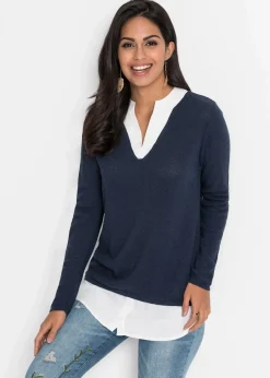 bonprix Pullover & Strickjacken|Bekleidung·Jeans^Feinstrickpullover mit Bluseneinsatz dunkelblau