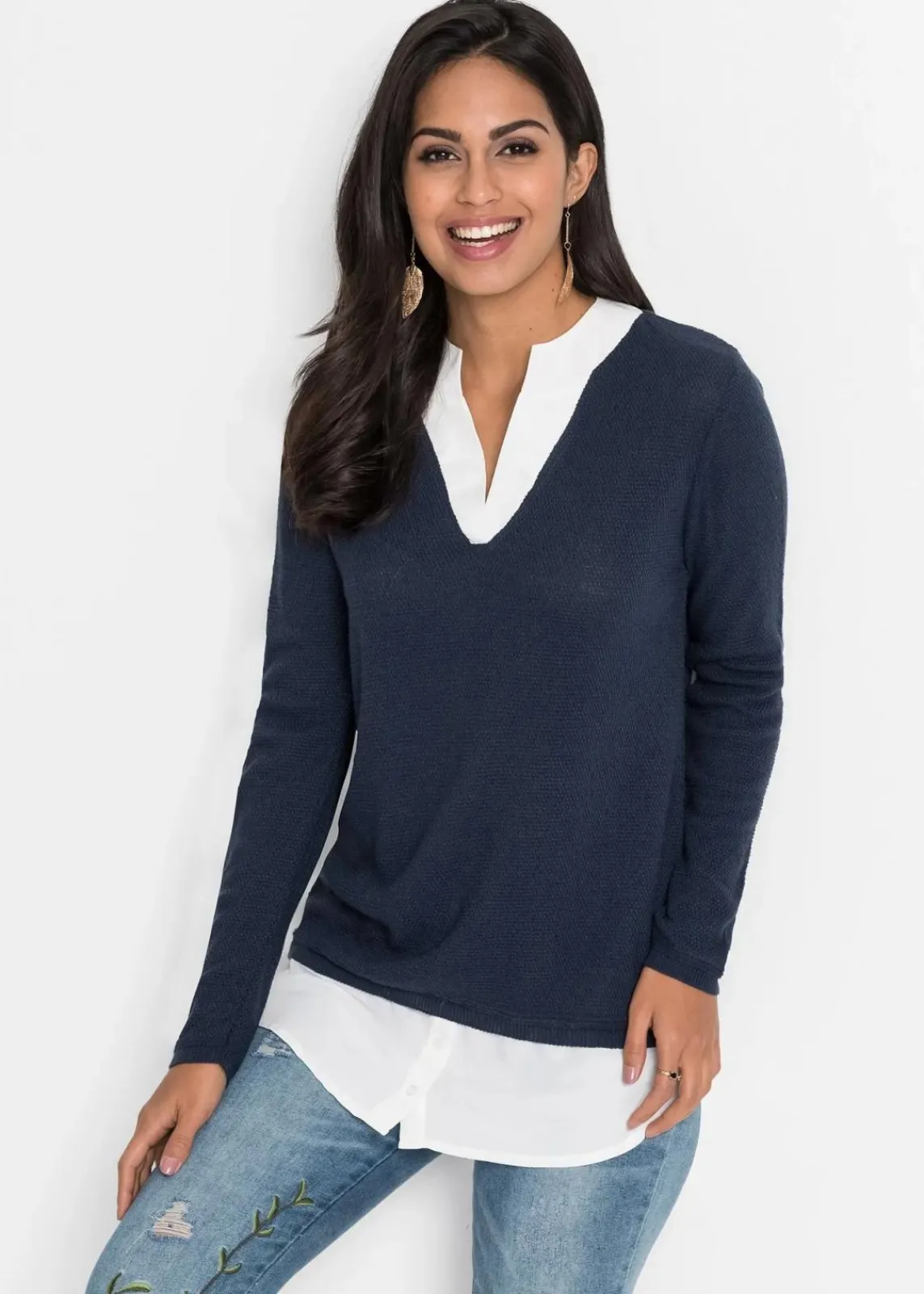 bonprix Pullover & Strickjacken|Bekleidung·Jeans^Feinstrickpullover mit Bluseneinsatz dunkelblau
