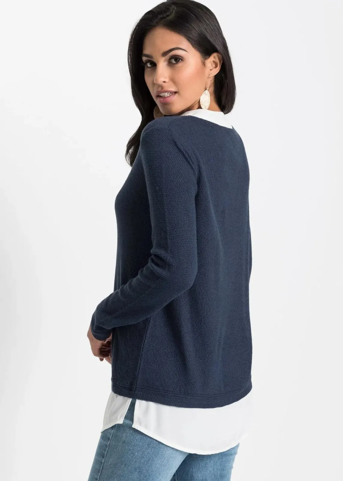 bonprix Pullover & Strickjacken|Bekleidung·Jeans^Feinstrickpullover mit Bluseneinsatz dunkelblau