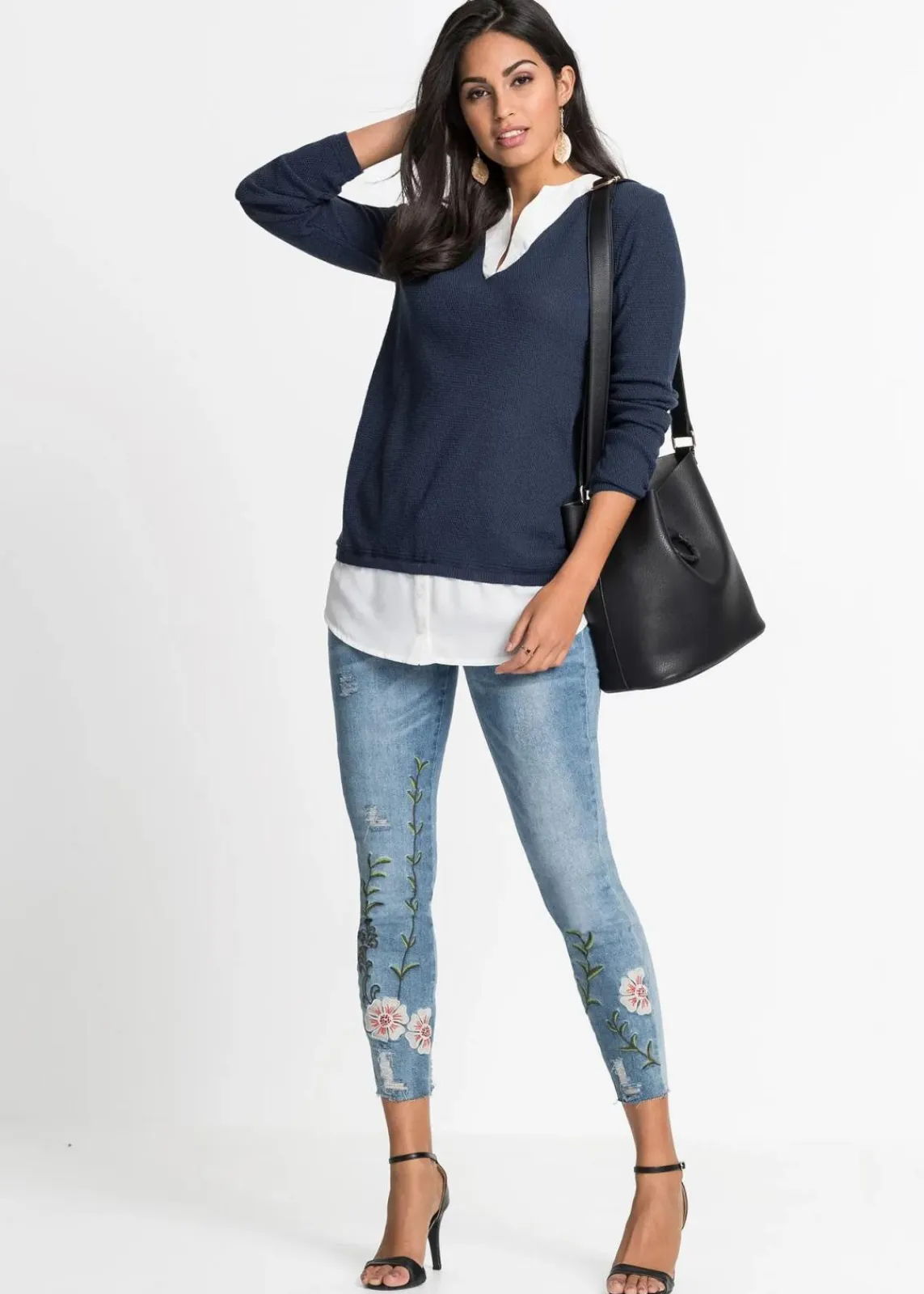 bonprix Pullover & Strickjacken|Bekleidung·Jeans^Feinstrickpullover mit Bluseneinsatz dunkelblau