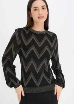 bonprix Bekleidung·Umstandsmode|Bekleidung·Jeans^Feinstrickpullover mit Glitzereffekt schwarz/gold