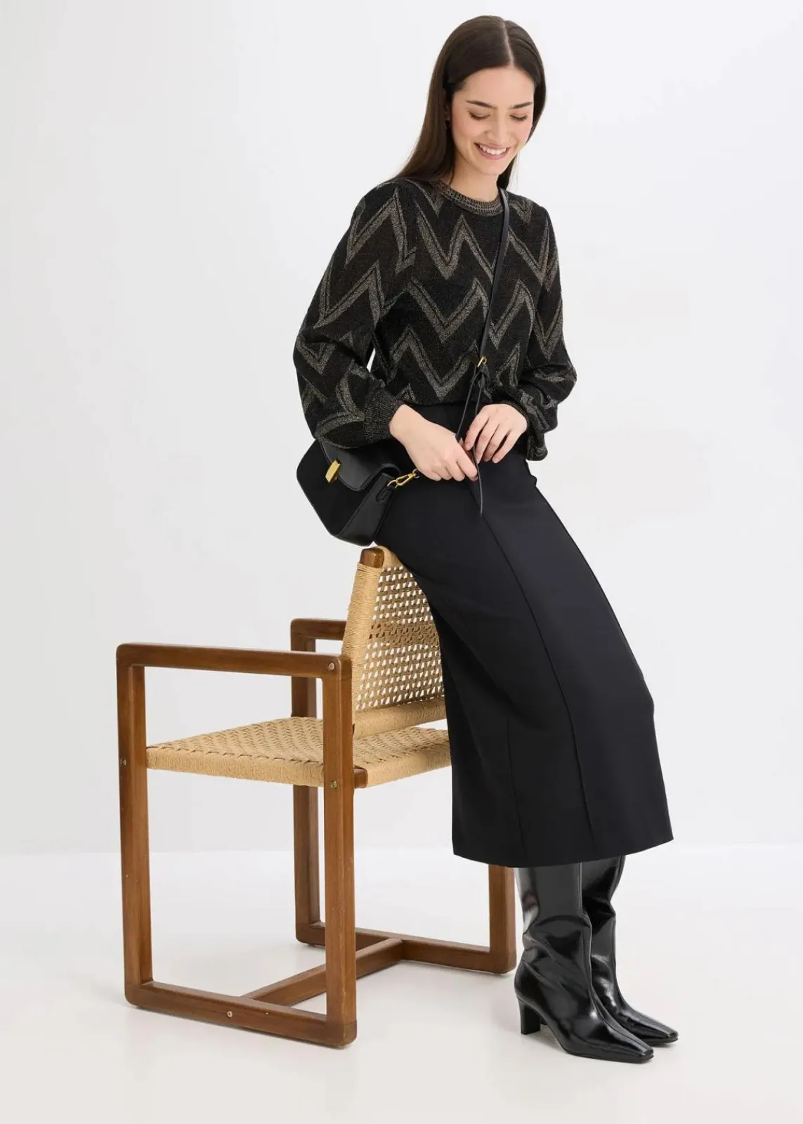 bonprix Bekleidung·Umstandsmode|Bekleidung·Jeans^Feinstrickpullover mit Glitzereffekt schwarz/gold