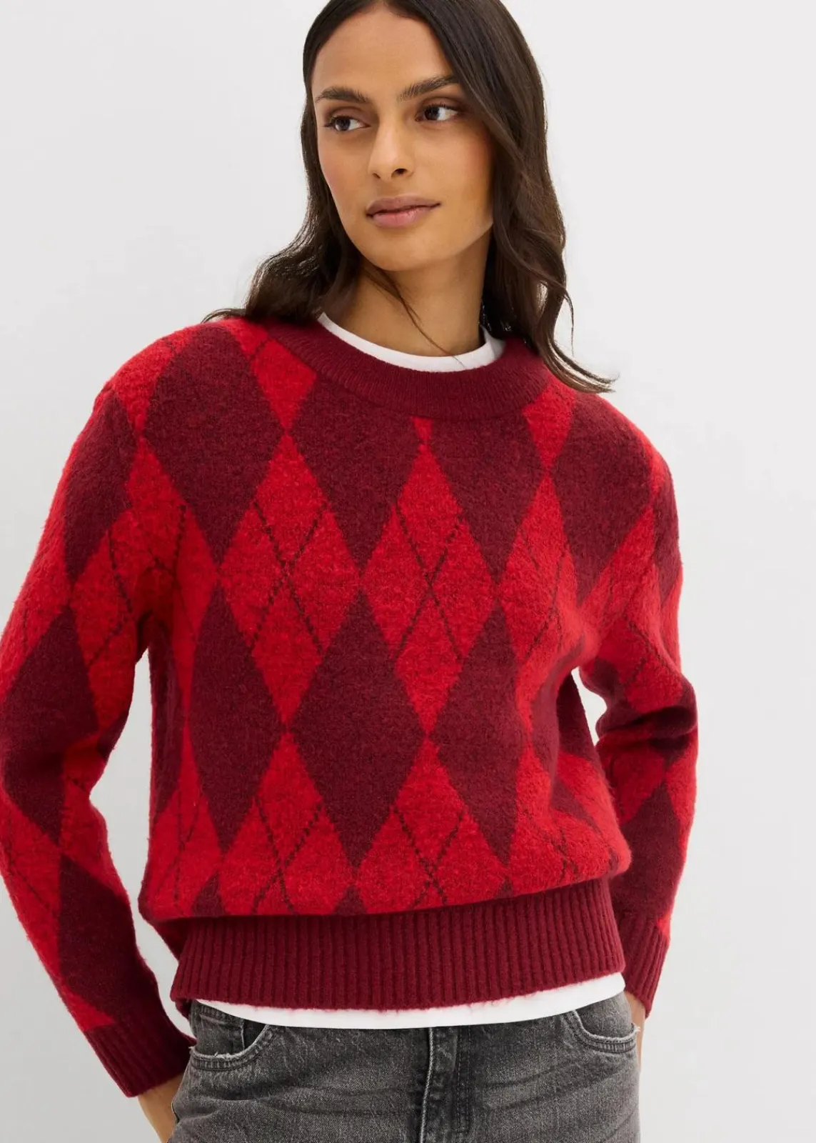bonprix Bekleidung·Umstandsmode|Bekleidung·Jeans^Feinstrickpullover mit Karomuster lavarot kariert