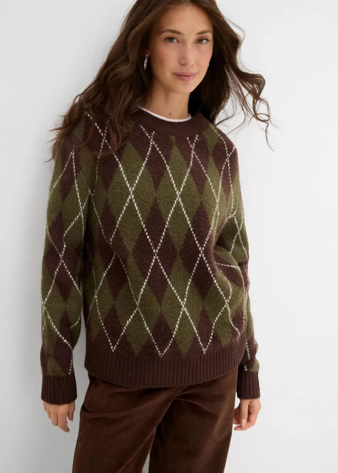 bonprix Bekleidung·Umstandsmode|Bekleidung·Jeans^Feinstrickpullover mit Karomuster dunkeloliv/dunkelbraun/wollweiß kariert