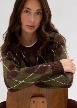 bonprix Bekleidung·Umstandsmode|Bekleidung·Jeans^Feinstrickpullover mit Karomuster dunkeloliv/dunkelbraun/wollweiß kariert