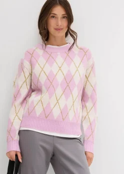 bonprix Strickmode|Pullover & Strickjacken^Feinstrickpullover mit Karomuster wollweiß/softflieder/mattoliv kariert