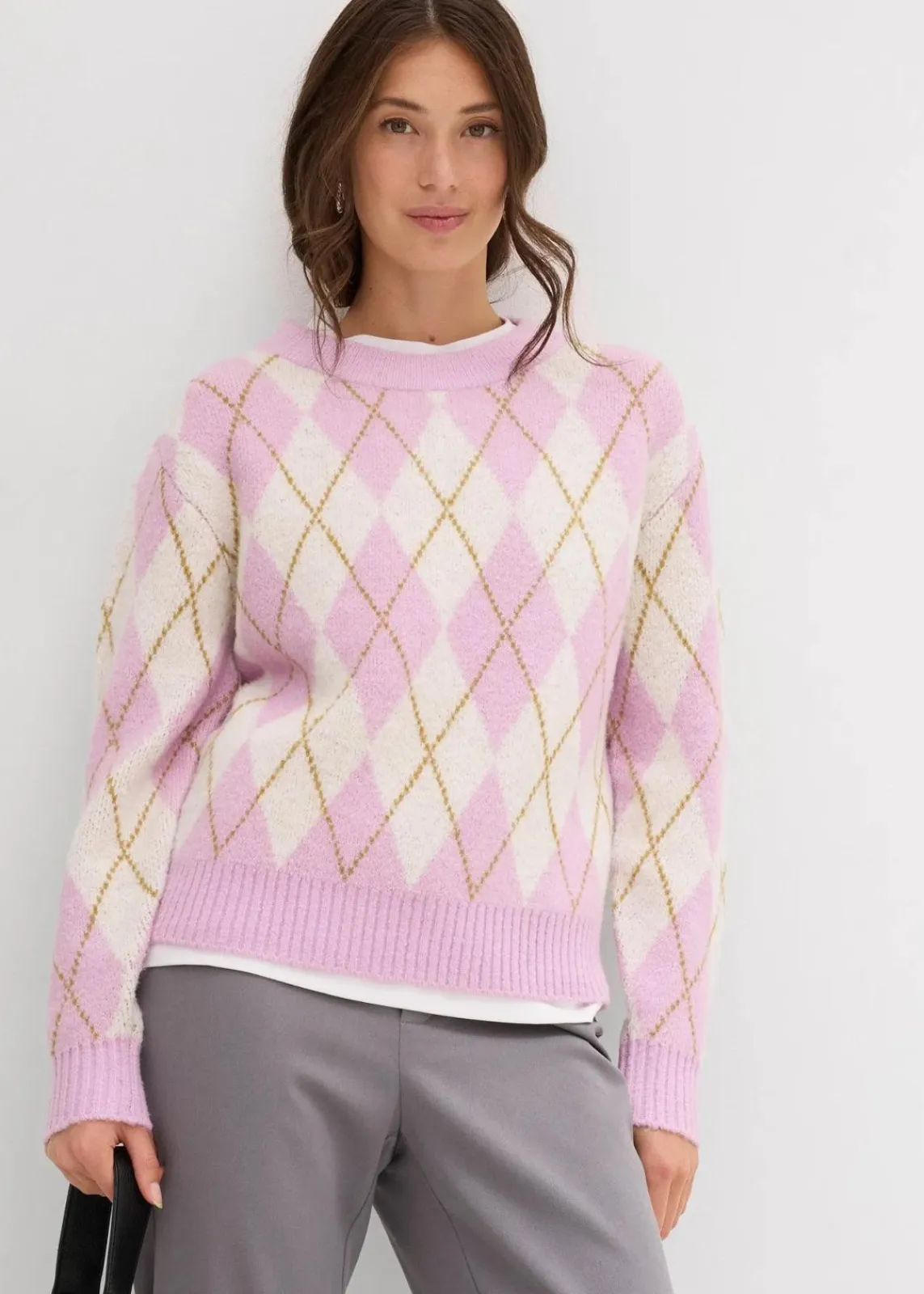 bonprix Strickmode|Pullover & Strickjacken^Feinstrickpullover mit Karomuster wollweiß/softflieder/mattoliv kariert