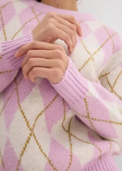 bonprix Strickmode|Pullover & Strickjacken^Feinstrickpullover mit Karomuster wollweiß/softflieder/mattoliv kariert
