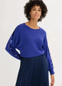 bonprix Pullover & Strickjacken|Strickmode^Feinstrickpullover mit Pailletten saphirblau