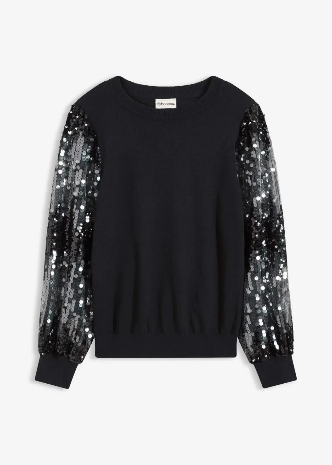 bonprix Bekleidung·Umstandsmode|Bekleidung·Jeans^Feinstrickpullover mit Pailletten-Ärmeln schwarz