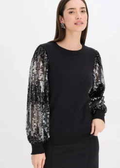 bonprix Bekleidung·Umstandsmode|Bekleidung·Jeans^Feinstrickpullover mit Pailletten-Ärmeln schwarz
