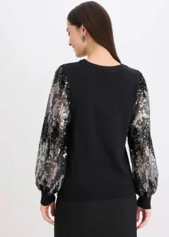bonprix Bekleidung·Umstandsmode|Bekleidung·Jeans^Feinstrickpullover mit Pailletten-Ärmeln schwarz