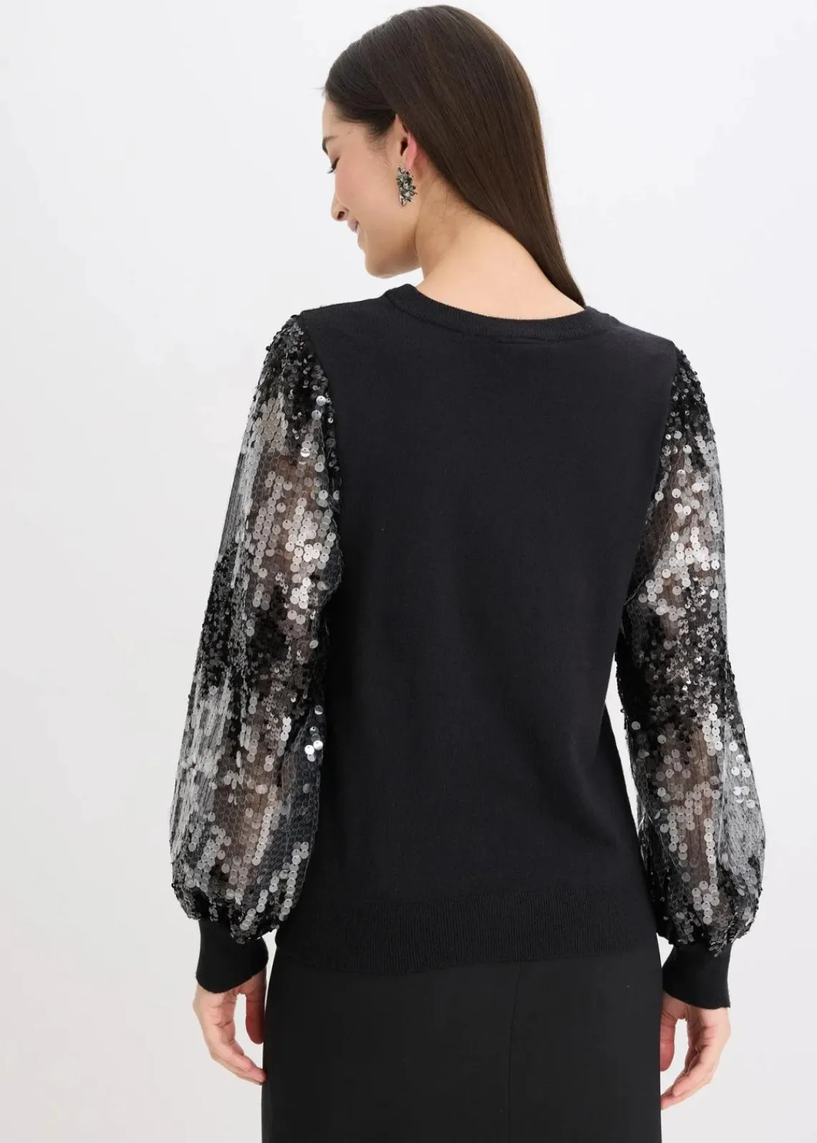 bonprix Bekleidung·Umstandsmode|Bekleidung·Jeans^Feinstrickpullover mit Pailletten-Ärmeln schwarz