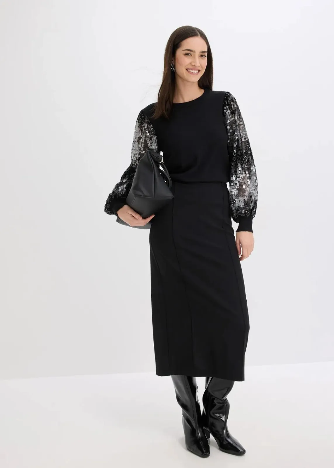 bonprix Bekleidung·Umstandsmode|Bekleidung·Jeans^Feinstrickpullover mit Pailletten-Ärmeln schwarz