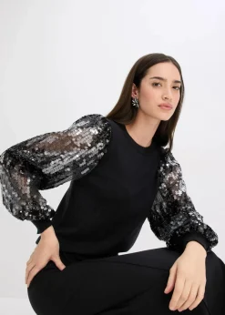 bonprix Bekleidung·Umstandsmode|Bekleidung·Jeans^Feinstrickpullover mit Pailletten-Ärmeln schwarz