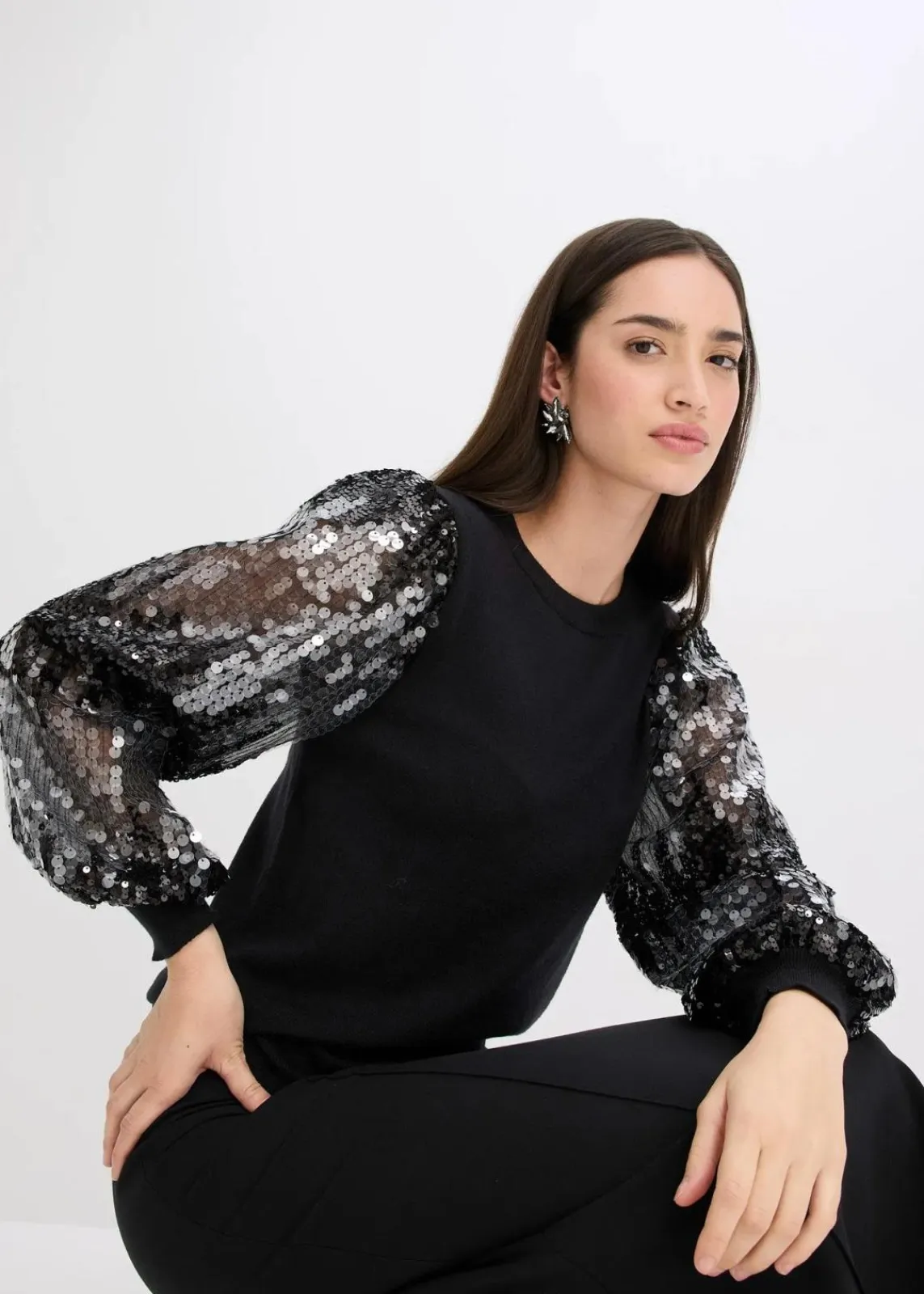 bonprix Bekleidung·Umstandsmode|Bekleidung·Jeans^Feinstrickpullover mit Pailletten-Ärmeln schwarz