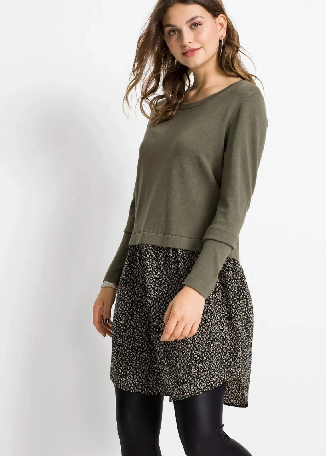 bonprix Bekleidung·Umstandsmode|Bekleidung·Jeans^Feinstrickpullover mit Rockansatz oliv geblümt