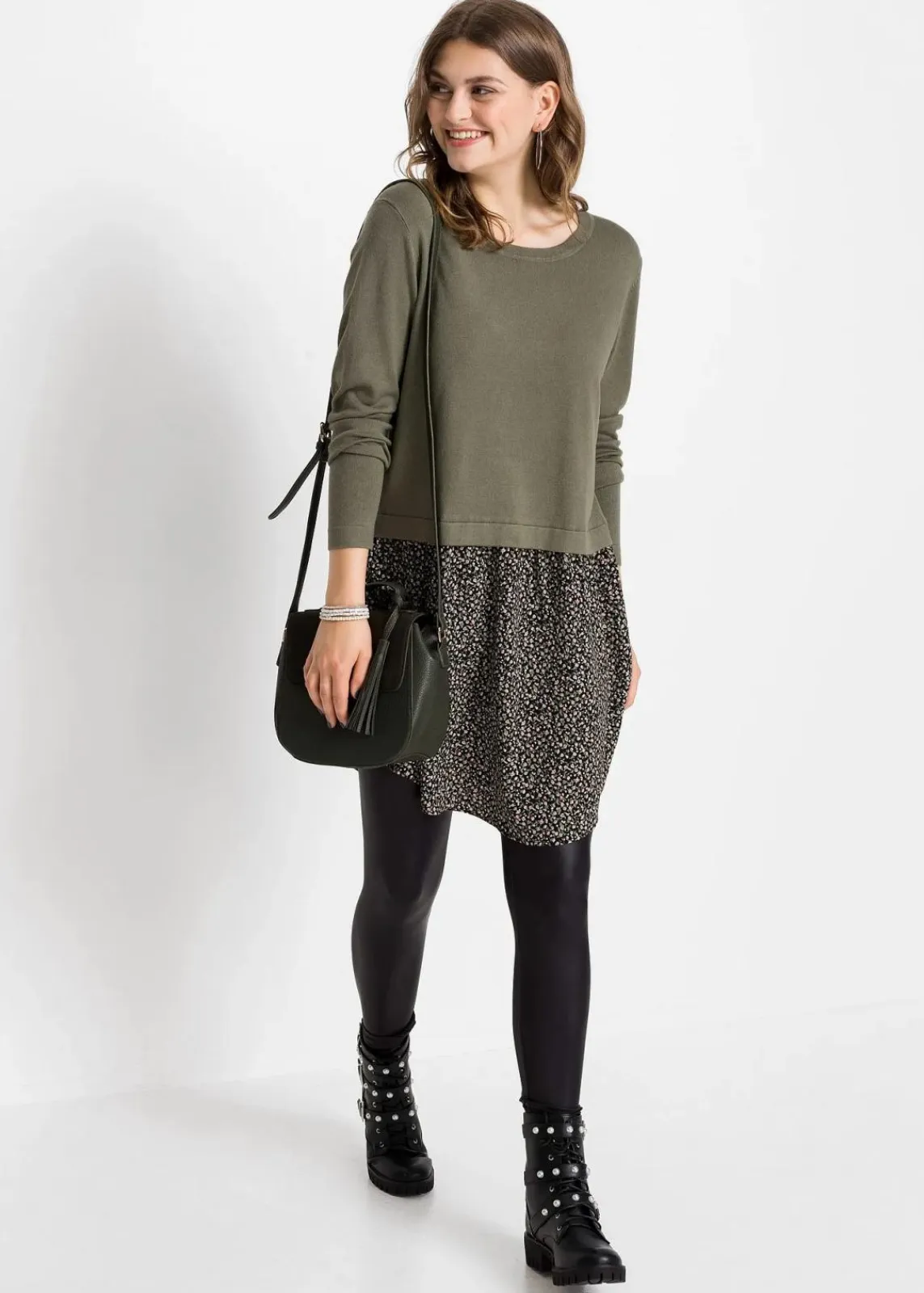 bonprix Bekleidung·Umstandsmode|Bekleidung·Jeans^Feinstrickpullover mit Rockansatz oliv geblümt
