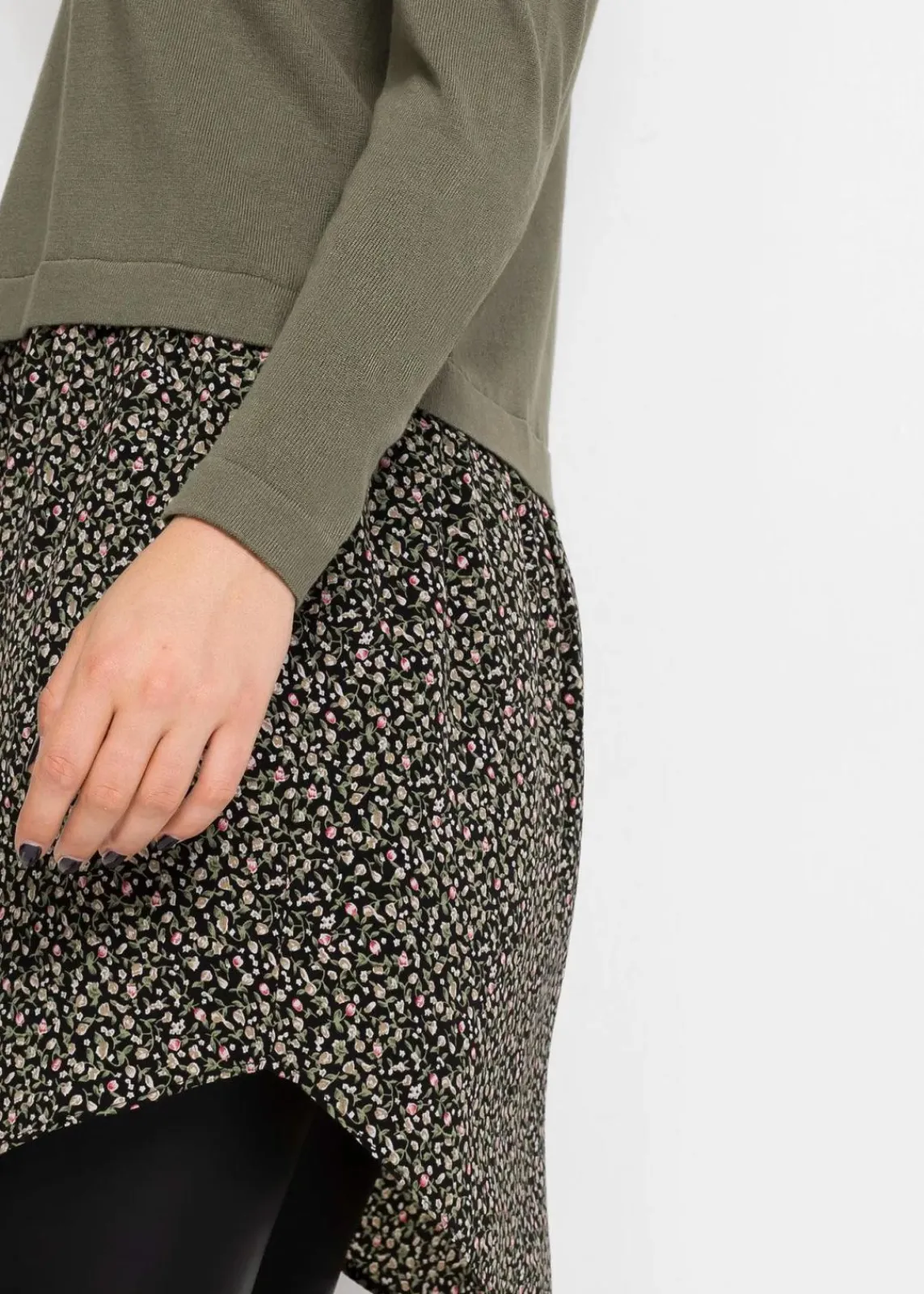 bonprix Bekleidung·Umstandsmode|Bekleidung·Jeans^Feinstrickpullover mit Rockansatz oliv geblümt