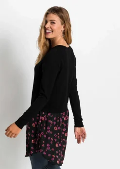 bonprix Pullover & Strickjacken|Strickmode^Feinstrickpullover mit Rockansatz schwarz/lila