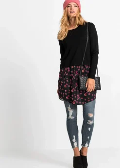 bonprix Pullover & Strickjacken|Strickmode^Feinstrickpullover mit Rockansatz schwarz/lila
