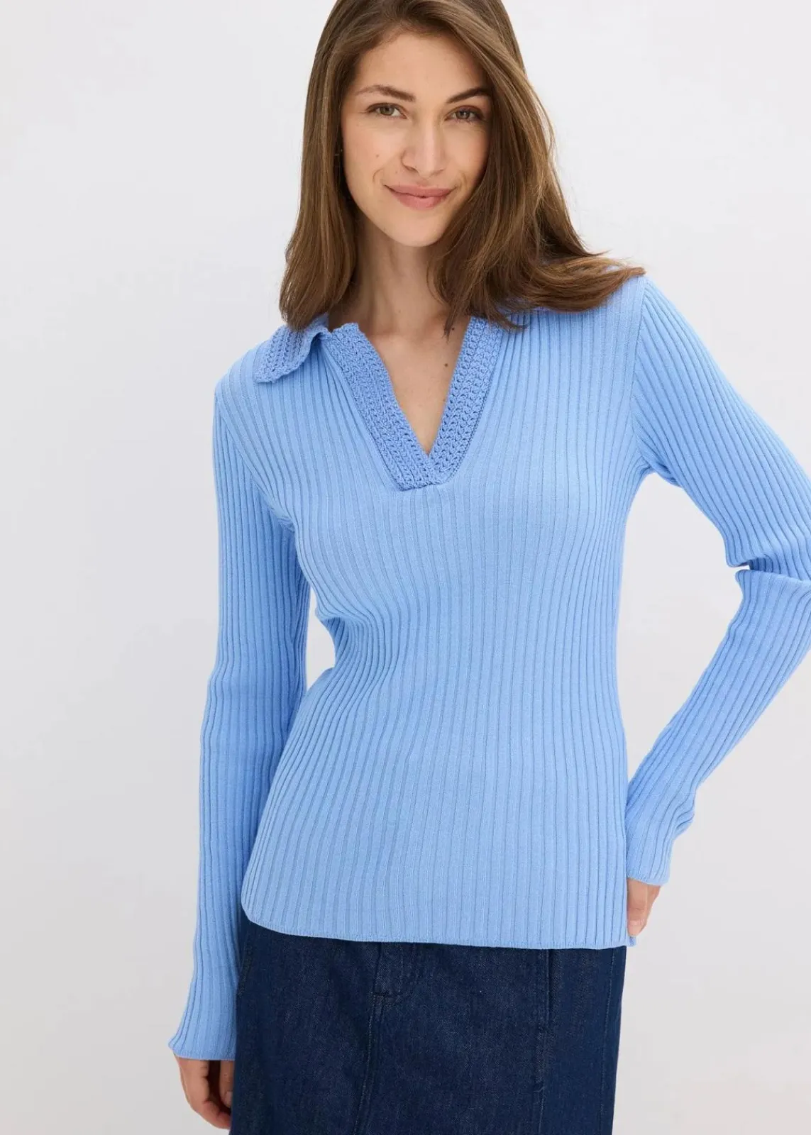 bonprix Bekleidung·Umstandsmode|Bekleidung·Jeans^Feinstrickpullover mit schmückendem Kragen perlblau