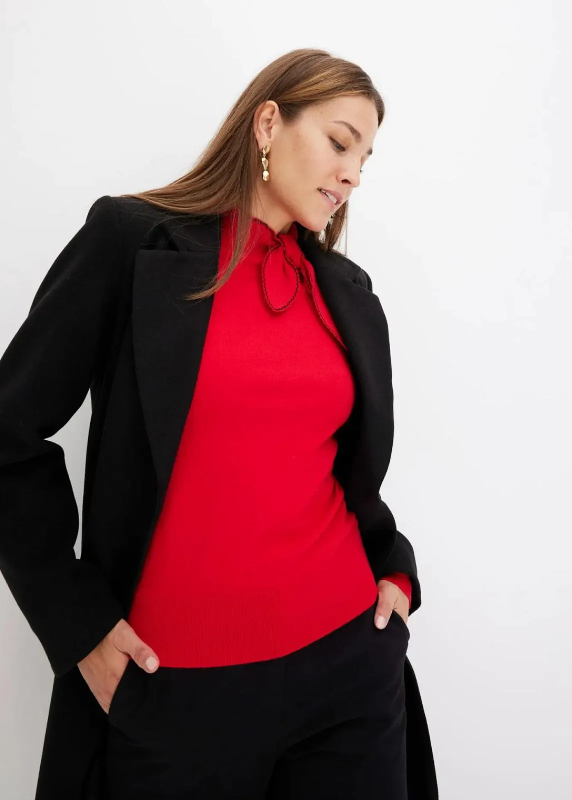 bonprix Bekleidung·Umstandsmode|Bekleidung·Jeans^Feinstrickpullover mit Schleifendetail tiefrot/schwarz