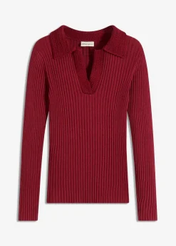 bonprix Pullover & Strickjacken|Strickmode^Feinstrickpullover mit schmückendem Kragen pflaumenrot