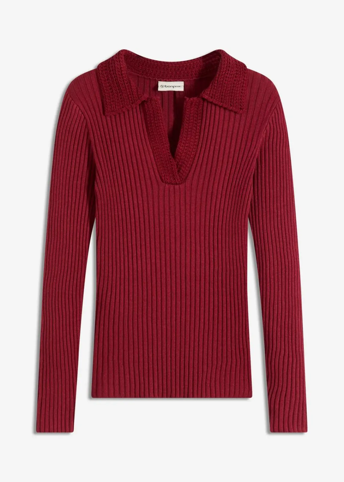 bonprix Pullover & Strickjacken|Strickmode^Feinstrickpullover mit schmückendem Kragen pflaumenrot